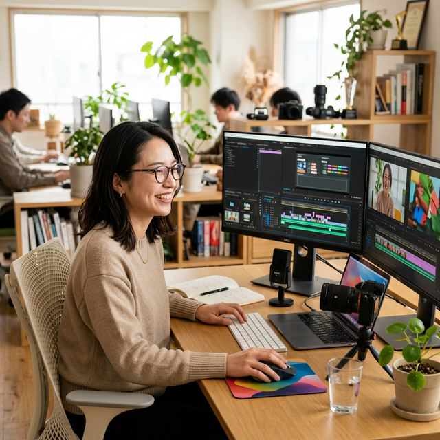 笑顔で動画編集を行う女性クリエイター